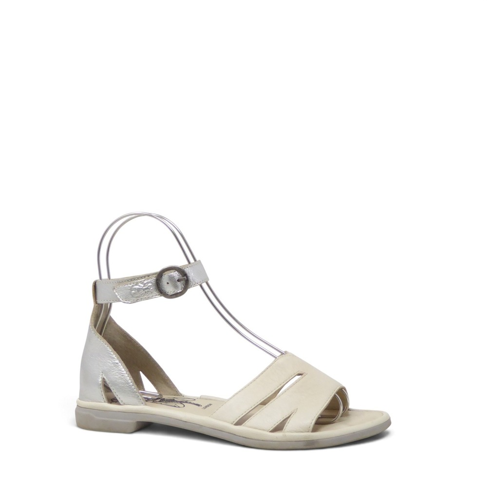 Fly London Womens Sandals Cream Silver Leather Ankle Strap Flats 38 / 7-7.5